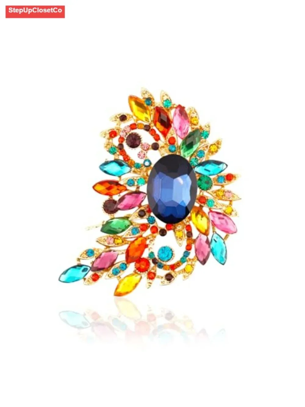 Large Leaf Crescent Moon Rhinestone Brooch Pin for Scarf Sweater Gold Tone